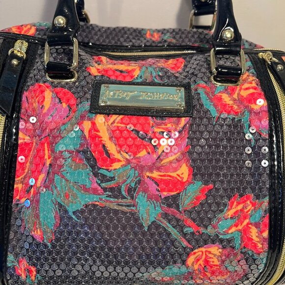 Like New Betsey Johnson Black Floral Sequin Satchel/Crossbody Bag - Picture 2 of 14